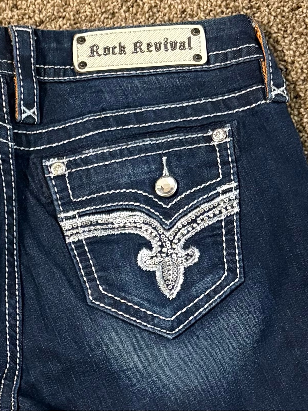 New Rock Revival Dark Blue Bootcut Jeans with Contrast Stitching Size 30”